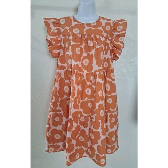Jacquie the Label Sz M Daisy Babydoll Dress Orange Floral Tiered Ruffles Pockets - Picture 2 of 9